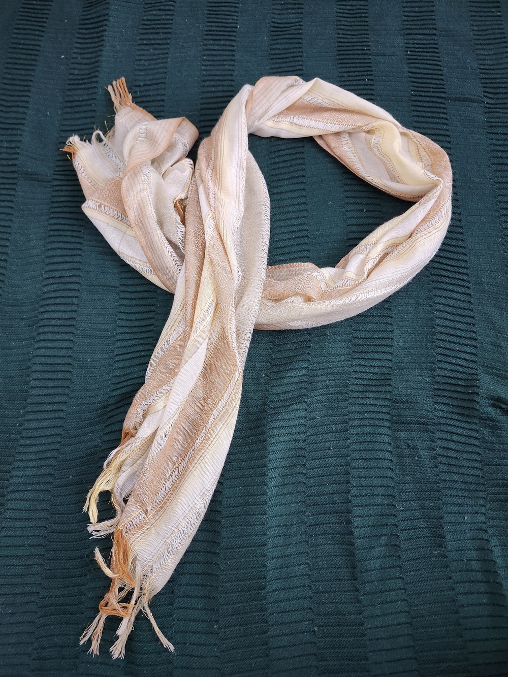 Scarf Beige Striped Metallic Peruvian Fringed Texture Fall Autumn